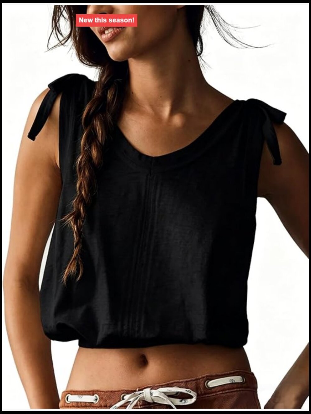 Women's Sleeveless Tie Shoulder Bubble Tank Top Cotton Blend
